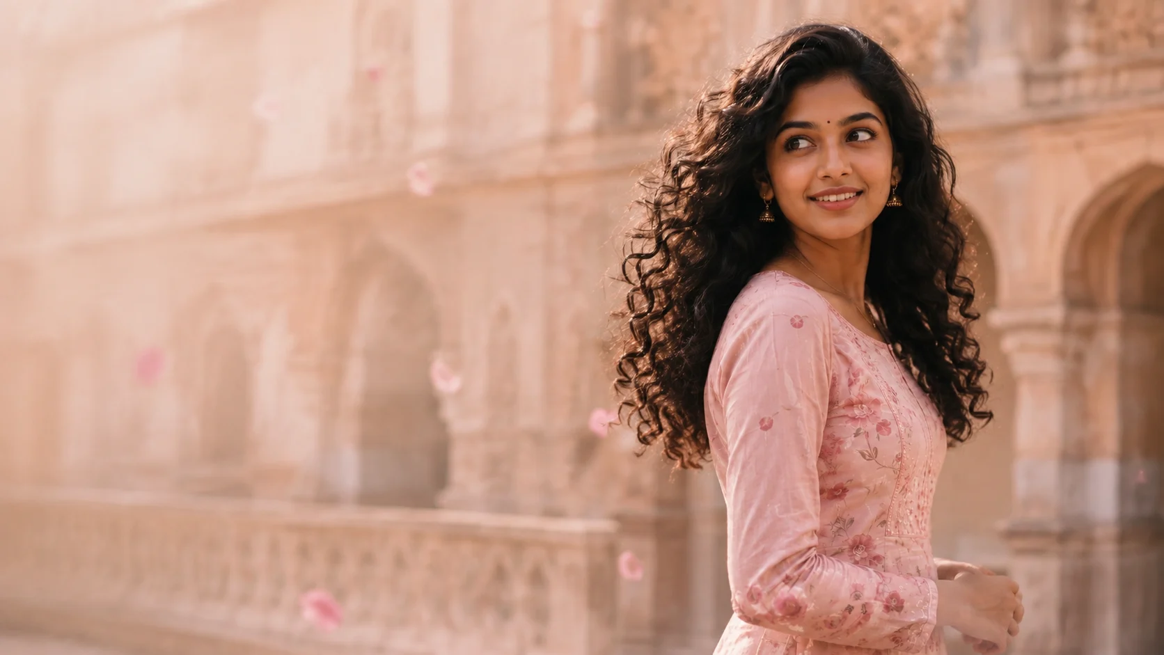 The HARITUS model smiling in a pink floral outfit against warm rose-toned architecture